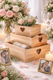 3er Set Holzkisten mit Herzmotiv, drei Größen ineinander gestapelt auf weißem Hintergrund.