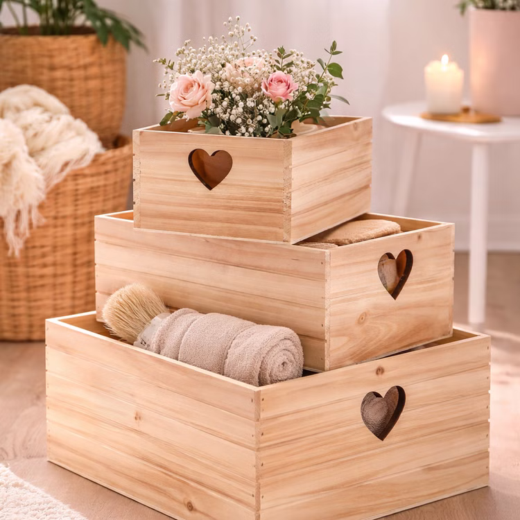 3er Set Holzkisten mit Herz 3 Größen Aufbewahrung Deko Geschenkbox Geschenkidee Hochzeit Geburtstag Basteln DIY-Geschenk Kisten zur Aufbewahrung Dekoration Deko-Kiste 3er Set Holzkisten mit Herz im Wohnambiente, dekorativ gefüllt mit Handtüchern und Blumen.