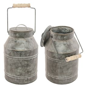 Dekorative Milchkanne aus Zink mit Holzgriff und Deckel, rustikale Tischdeko Vase im Vintage-Look.
