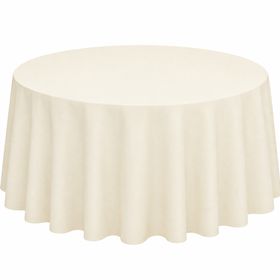 Elegante runde Satin Tischdecke in Elfenbein auf festlich gedecktem Tisch mit Blumen und Kerzen – perfekte Tischdeko für Hochzeit, Feier oder Geburtstag.