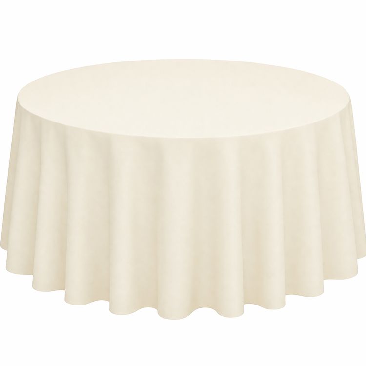 Elegante runde Satin Tischdecke in Elfenbein auf festlich gedecktem Tisch mit Blumen und Kerzen – perfekte Tischdeko für Hochzeit, Feier oder Geburtstag.