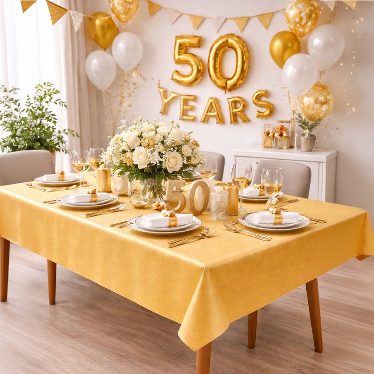 Glänzende Tischdecke 150 x 300 cm in Rot, edel drapiert auf Tisch, ideal für elegante Hochzeiten und festliche Anlässe.