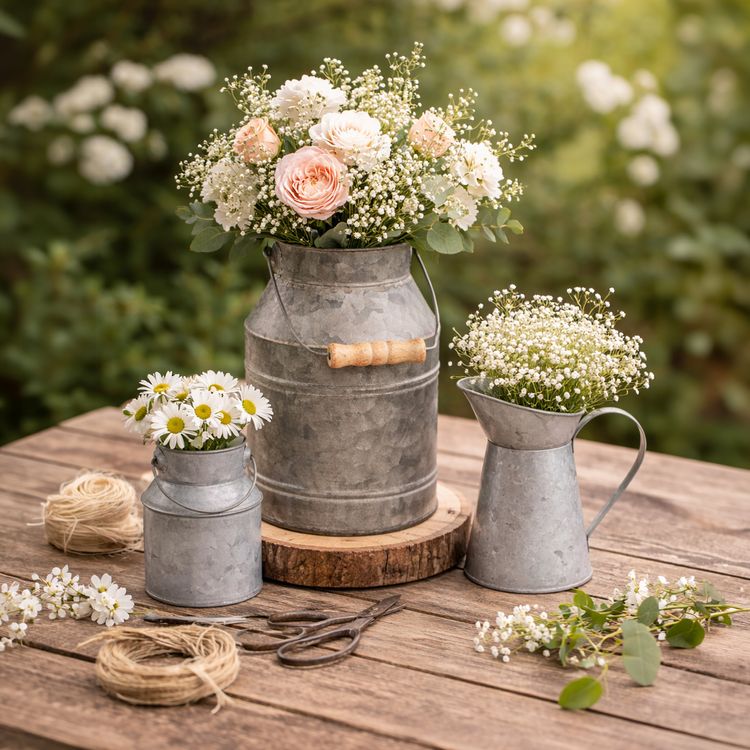 Milchkannen 3er-Set als Vase mit zarten Blumenarrangements auf weißem Hintergrund – elegante Vintage Tischdeko für Hochzeit oder Geburtstag.