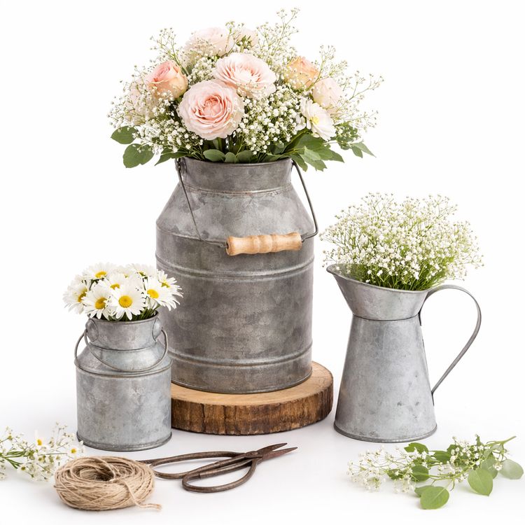 Milchkannen 3er-Set als Vase mit zarten Blumenarrangements auf weißem Hintergrund – elegante Vintage Tischdeko für Hochzeit oder Geburtstag.