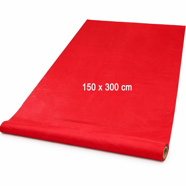 Roter Bodenläufer aus Polyester-Vlies leicht ausgerollt auf weißem Hintergrund, ideal für Events und Feiern.