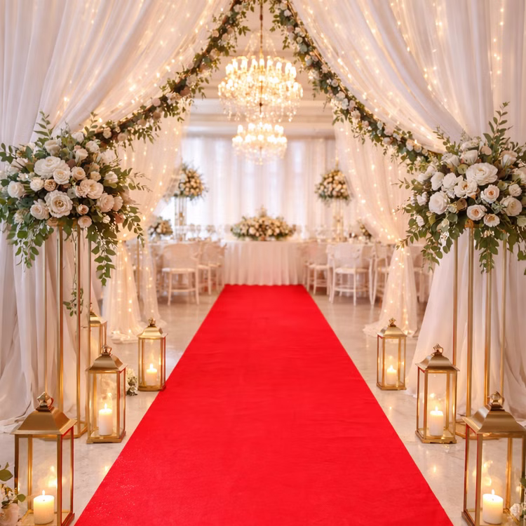Teppichläufer 150 x 300 cm Einweg-Teppich Hochzeit Geburtstag Party-Deko Bodenläufer Party-Zubehör Teppich Events Roter Teppich als eleganter Mittelgang bei Hochzeit mit Blumen, Kerzen und festlicher Dekoration.
