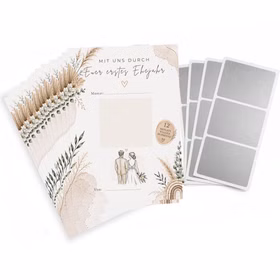 Produktbild mit mehreren Hochzeits-Rubbelkarten im Boho-Stil sowie vier Bögen silberner Rubbelsticker auf hellem Hintergrund.