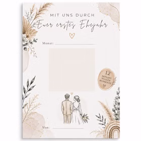 Boho-Rubbelkarte für Hochzeiten im A6-Format mit floralen Elementen, Brautpaar-Motiv, Rubbelbereich und Badge „12 Monate voller Momente“ auf hellem Hintergrund.