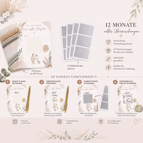 Infografik zum Hochzeitsspiel „Mit uns durch Euer erstes Ehejahr“ mit Produktübersicht, Rubbelstickern, Schritt-für-Schritt-Anleitung und floralen Boho-Elementen.