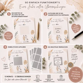 Anleitungsgrafik zum Hochzeitsspiel mit vier Schritten: Monat eintragen, Überraschung schreiben, Rubbelsticker aufkleben und Gutschein freirubbeln – im modernen Boho-Design.