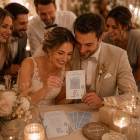Brautpaar beim Freirubbeln einer Hochzeits-Rubbelkarte „Mit uns durch Euer erstes Ehejahr“ im warmen Boho-Hochzeitsambiente mit Gästen, Kerzen und Geschenkboxen. Hinweis: KI generiertes Bild