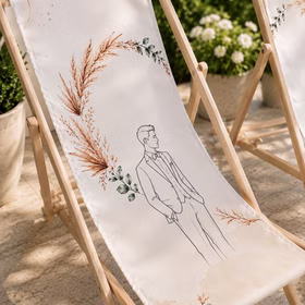 Detailansicht des Bräutigam-Liegestuhls mit Boho-Pampasgras-Motiv, hellem Holzrahmen und Terrassenhintergrund.