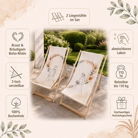 Infografik zum Liegestuhl-Set mit Hinweisen zu Boho-Motiv, Buchenholz, Verstellbarkeit, Pflege und Belastbarkeit. Hinweis: KI generiertes Bild