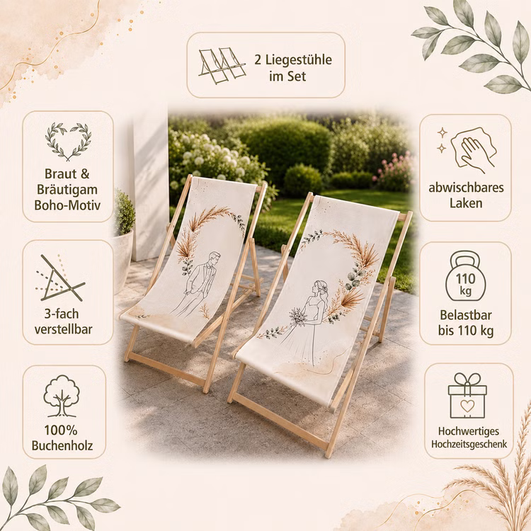 Boho Hochzeits-Liegestuhl 2-er Set Braut & Bräutigam Hochwertiges Hochzeitsgeschenk Geschenkidee zur Hochzeit stilvolle Entspannung für Braut & Bräutigam Infografik zum Liegestuhl-Set mit Hinweisen zu Boho-Motiv, Buchenholz, Verstellbarkeit, Pflege und Belastbarkeit. Hinweis: KI generiertes Bild