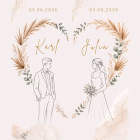 Druckmotiv für zwei personalisierte Hochzeits-Liegestühle mit den Namen Karl und Julia sowie Hochzeitsdatum im Boho-Stil.