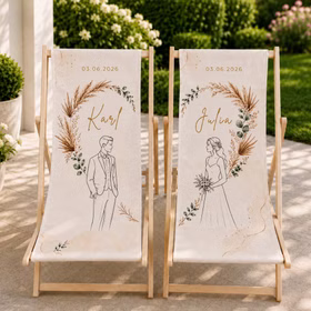 Zwei personalisierte Hochzeits-Liegestühle mit Karl und Julia Motiv auf einer sonnigen Terrasse mit Gartenblick.
