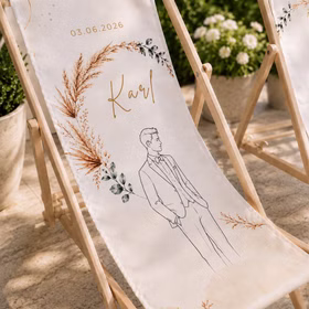 Personalisierter Bräutigam-Liegestuhl mit Name Karl, Hochzeitsdatum und Boho-Motiv auf einer sonnigen Terrasse.