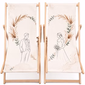 Liegestuhl-Set für Hochzeitspaare mit Boho-Motiv, Braut- und Bräutigam-Illustration sowie stabilem Holzgestell.