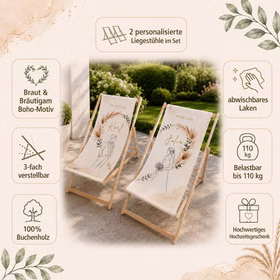 Infografik für zwei personalisierte Hochzeits-Liegestühle mit Namen, Datum, Boho-Motiv und wichtigsten Produkteigenschaften.