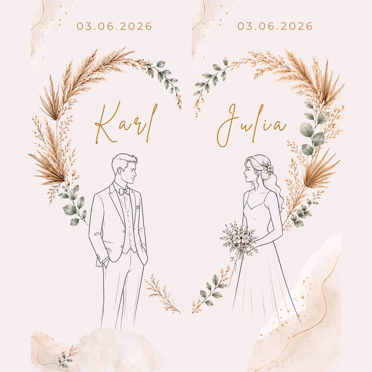 Boho Hochzeits-Liegestuhl 2er-Set personalisiert mit Vornamen & Hochzeitsdatum Hochwertiges Hochzeitsgeschenk Geschenkidee zur Hochzeit stilvolle Entspannung für Braut & Bräutigam Druckmotiv für zwei personalisierte Hochzeits-Liegestühle mit den Namen Karl und Julia sowie Hochzeitsdatum im Boho-Stil.