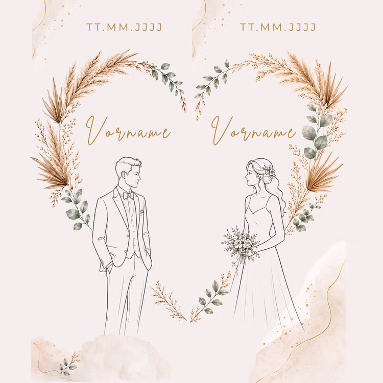 Boho Hochzeits-Liegestuhl 2er-Set personalisiert mit Vornamen & Hochzeitsdatum Hochwertiges Hochzeitsgeschenk Geschenkidee zur Hochzeit stilvolle Entspannung für Braut & Bräutigam Personalisiertes Druckmotiv für Hochzeits-Liegestühle mit Platzhaltern für Namen und Datum im eleganten Boho-Design.