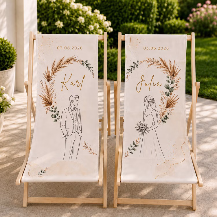 Boho Hochzeits-Liegestuhl 2er-Set personalisiert mit Vornamen & Hochzeitsdatum Hochwertiges Hochzeitsgeschenk Geschenkidee zur Hochzeit stilvolle Entspannung für Braut & Bräutigam Zwei personalisierte Hochzeits-Liegestühle mit Karl und Julia Motiv auf einer sonnigen Terrasse mit Gartenblick.