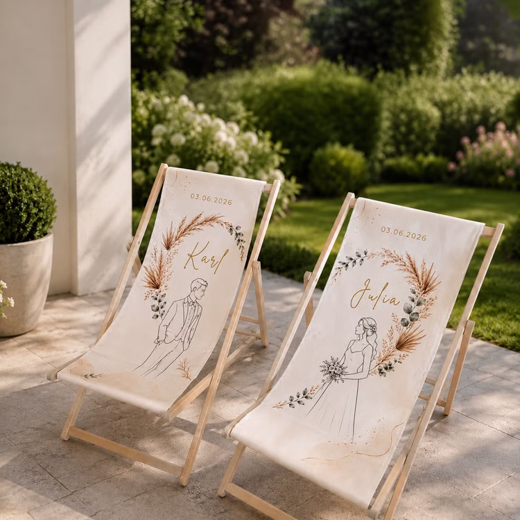 Boho Hochzeits-Liegestuhl 2er-Set personalisiert mit Vornamen & Hochzeitsdatum Hochwertiges Hochzeitsgeschenk Geschenkidee zur Hochzeit stilvolle Entspannung für Braut & Bräutigam Personalisiertes Liegestuhl-Set für Braut und Bräutigam mit Namen und Hochzeitsdatum im romantischen Boho-Stil.