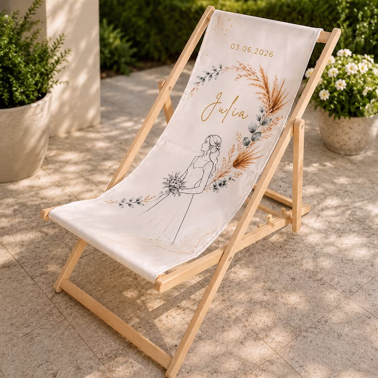 Boho Hochzeits-Liegestuhl 2er-Set personalisiert mit Vornamen & Hochzeitsdatum Hochwertiges Hochzeitsgeschenk Geschenkidee zur Hochzeit stilvolle Entspannung für Braut & Bräutigam Liegestuhl für die Braut mit Name Julia, Hochzeitsdatum und floraler Boho-Illustration auf heller Terrasse.