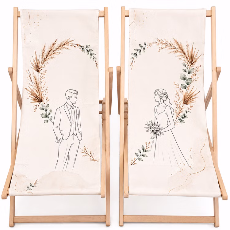 Boho Hochzeits-Liegestuhl 2er-Set personalisiert mit Vornamen & Hochzeitsdatum Hochwertiges Hochzeitsgeschenk Geschenkidee zur Hochzeit stilvolle Entspannung für Braut & Bräutigam Liegestuhl-Set für Hochzeitspaare mit Boho-Motiv, Braut- und Bräutigam-Illustration sowie stabilem Holzgestell.