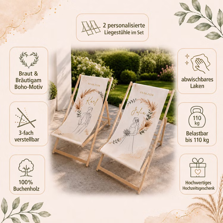 Boho Hochzeits-Liegestuhl 2er-Set personalisiert mit Vornamen & Hochzeitsdatum Hochwertiges Hochzeitsgeschenk Geschenkidee zur Hochzeit stilvolle Entspannung für Braut & Bräutigam Infografik für zwei personalisierte Hochzeits-Liegestühle mit Namen, Datum, Boho-Motiv und wichtigsten Produkteigenschaften.