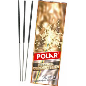 Vorderansicht Polar Premium Wunderkerzen 17 Zentimeter 40 Stück mit drei ausgepackten Wunderkerzen neben der Verpackung.