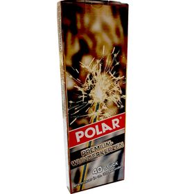 Vorderansicht Polar Premium Wunderkerzen 17 Zentimeter 40 Stück mit drei ausgepackten Wunderkerzen neben der Verpackung.