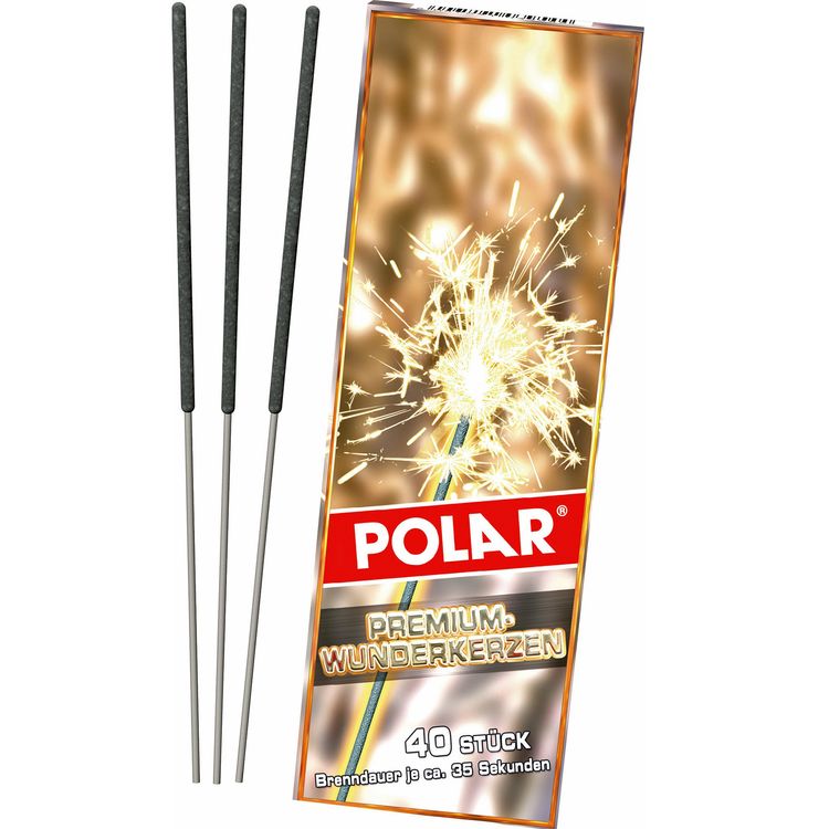 Vorderansicht Polar Premium Wunderkerzen 17 Zentimeter 40 Stück mit drei ausgepackten Wunderkerzen neben der Verpackung.