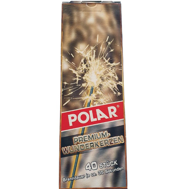 Vorderansicht Polar Premium Wunderkerzen 17 Zentimeter 40 Stück mit drei ausgepackten Wunderkerzen neben der Verpackung.