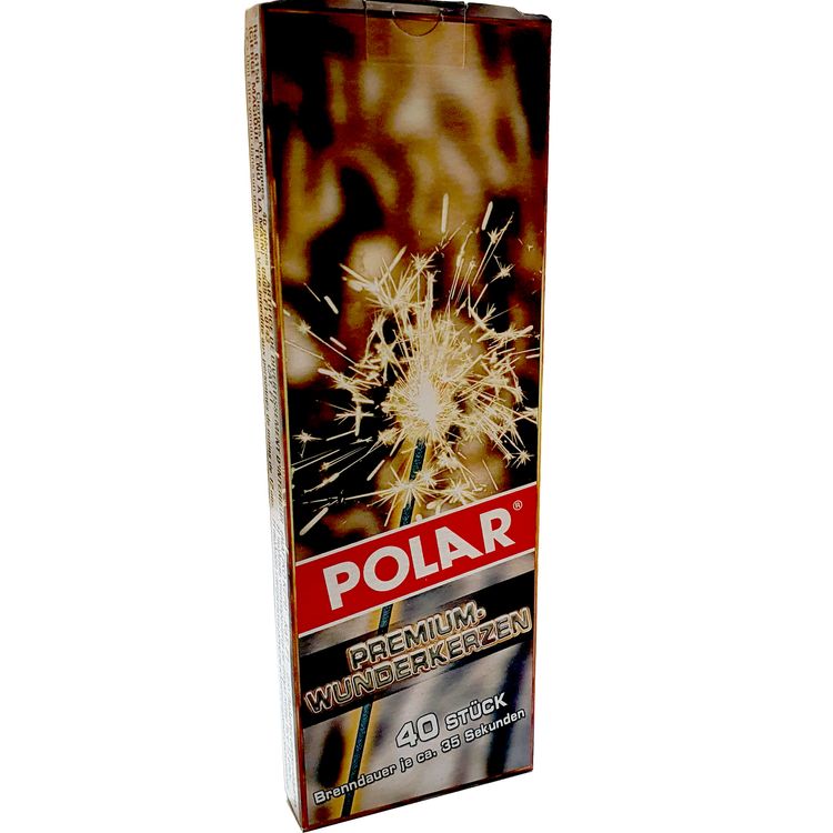 Vorderansicht Polar Premium Wunderkerzen 17 Zentimeter 40 Stück mit drei ausgepackten Wunderkerzen neben der Verpackung.