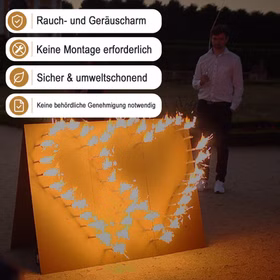 Lichterbild Brennendes Doppelherz mit Hinweis-Bannern zu raucharmem und genehmigungsfreiem Einsatz.