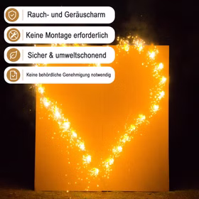 Brennendes Herz bei Nacht mit Hinweis-Bannern zu raucharmem und genehmigungsfreiem Einsatz.