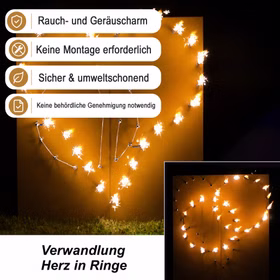 Lichterbild HERZ wird zu Ringen Verwandlungsbild ergänzt mit Hinweis-Bannern zu raucharmem und genehmigungsfreiem Einsatz.