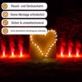Lichterbild in Herzform mit Bengalfeuern auf einer Wiese bei Nacht, ergänzt durch Hinweise zu rauch- und geräuscharmer Nutzung sowie einfacher Anwendung.