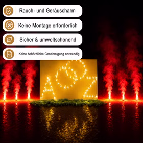 Lichterbild Brennende Ringe mit den beiden Buchstaben A und Z (zur Auswah) inklusive sechs Bengaltöpfe. ergänzt mit Hinweisen zu rauch- und geräuscharmer Nutzung sowie einfacher Anwendung aufgestellt an einem See bei Dunkelheit.
