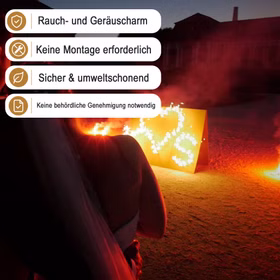 Lichterbild Brennendes Herz mit den Buchstaben K und S und sechs Bengalfeuern mit Hinweis-Bannern zu raucharmem und genehmigungsfreiem Einsatz.
