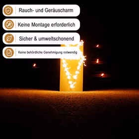 Lichterbild Zuckertüte für den Schulanfang mit brennenden Fackeltöpfen an den Seiten ergänzt mit Hinweisen zu rauch- und geräuscharmer Nutzung sowie einfacher Anwendung.