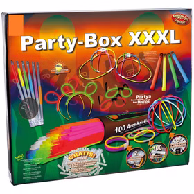 Verpackung der Knicklichter Party Box XXXL mit 100 Arm-Knicklichtern und umfangreichem Zubehör für Partys und Festivals.