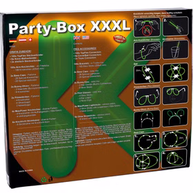 Rückseite der Knicklichter Party Box XXXL mit Lieferumfang, Sicherheitshinweisen und bebilderten Aufbauanleitungen auf Deutsch.