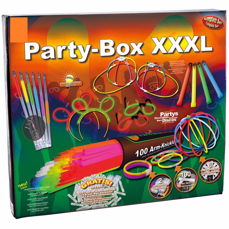 Knicklichter Party Box XXXL Verpackung Vorderseite Verpackung der Knicklichter Party Box XXXL mit 100 Arm-Knicklichtern und umfangreichem Zubehör für Partys und Festivals.