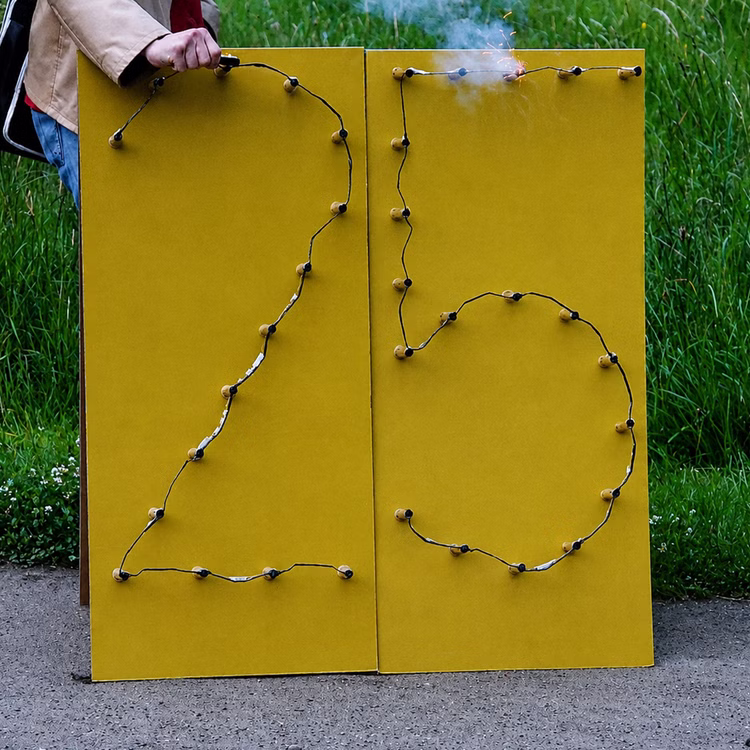 Lichterbild Brennende Zahl 25 Feuerbild Lichterbilder Geschenkidee Silberhochzeit Geburtstag Jubiläum Hochzeit Eine Person zündet die Zahl 25 auf einem Gehweg vor einem Feld.