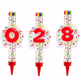 Eisfontänen Zahlen 0 2 und 8 Eisfontänen mit den Zahlen 0, 2 und 8 in bunter Partyoptik vor weißem Hintergrund, Kategorie F1 für Geburtstag und Jubiläum.