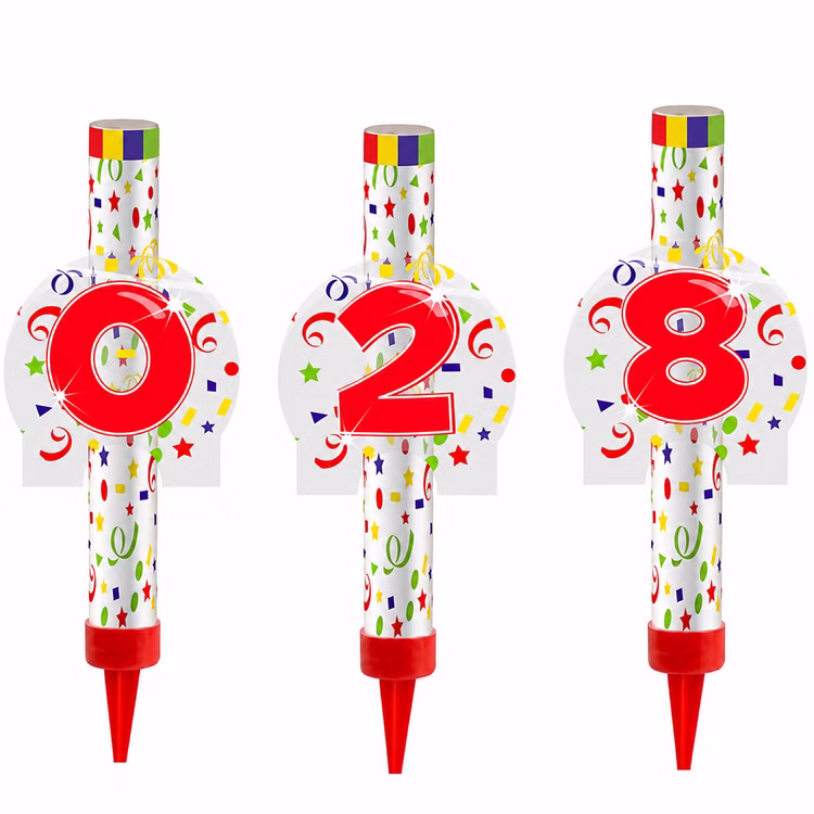 Eisfontänen Zahlen 0 2 und 8 Eisfontänen mit den Zahlen 0, 2 und 8 in bunter Partyoptik vor weißem Hintergrund, Kategorie F1 für Geburtstag und Jubiläum.