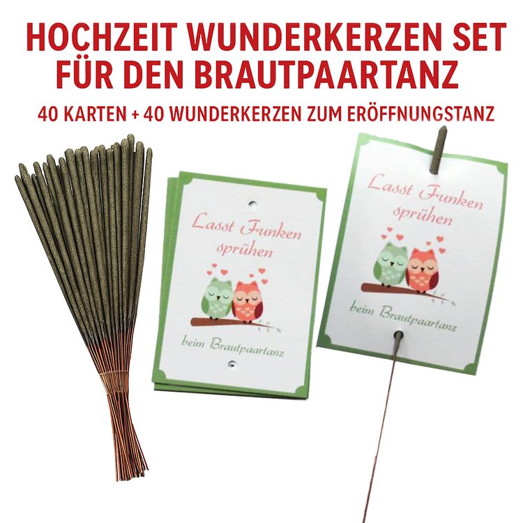 Wunderkerzen-Set Brautpaartanz Verliebte Eulen 40 Karten & 40 Wunderkerzen Wunderkerzen-Set für den Brautpaartanz Motiv Verliebte Eulen bestehend aus 40 Karten und 40 Wunderkerzen mit dem Brautpaar im Vordergrund und den Hochzeitsgästen im Hintergrund