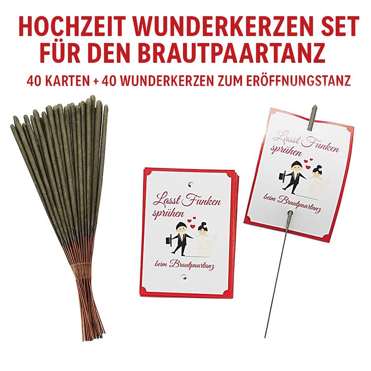 Wunderkerzen-Set für den Brautpaartanz bestehend aus 40 Karten und 40 Wunderkerzen mit dem Brautpaar im Vordergrund und den Hochzeitsgästen im Hintergrund